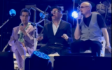 Aviv Geffen, left, Art Garfunkel and James Garfunkel at a Tel Aviv concert on May 29, 2025 (Courtesy screengrab)